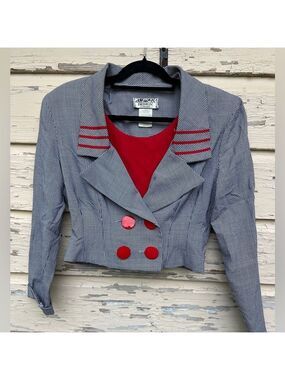 Vintage 80s Leslie Lucks Nautical Houndstooth Career Office Siren Blazer Jacket